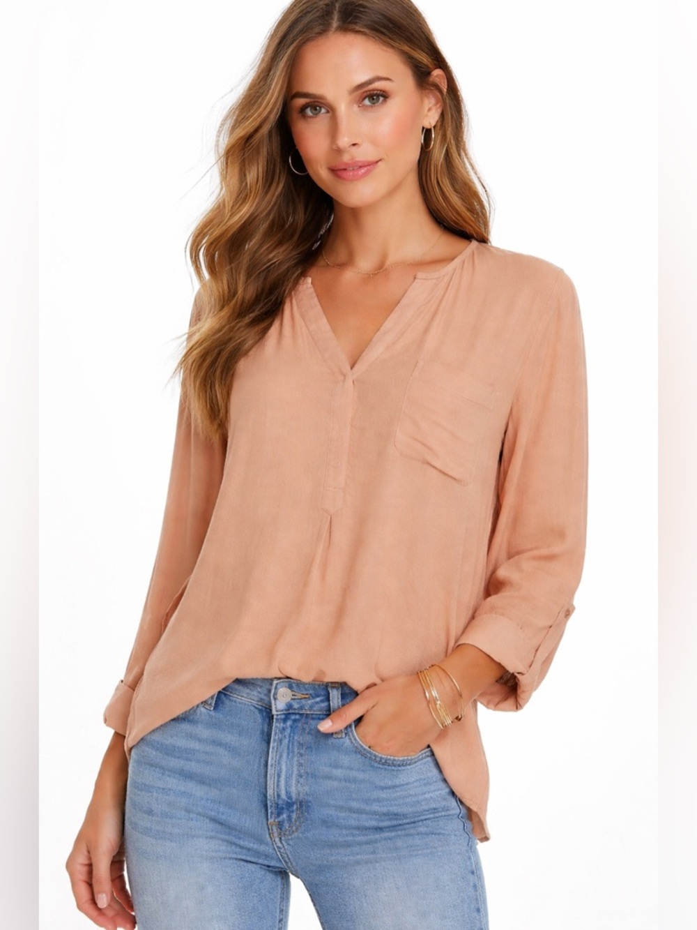Joie Long Sleeve Blouse top shirt orange beige tan S